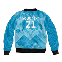 Blue satin bomber jacket back, black ribbed trim, YOUR TEXT 21 number print