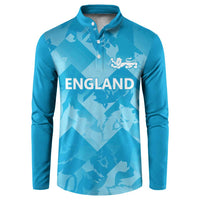 Blue long-sleeve button henley sweatshirt with England crest and lion graphic