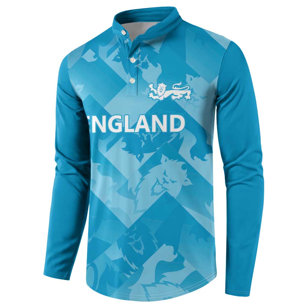 Blue long-sleeve button henley sweatshirt with England text and lion crest