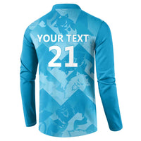 Blue long-sleeve button henley sweatshirt back with YOUR TEXT 21