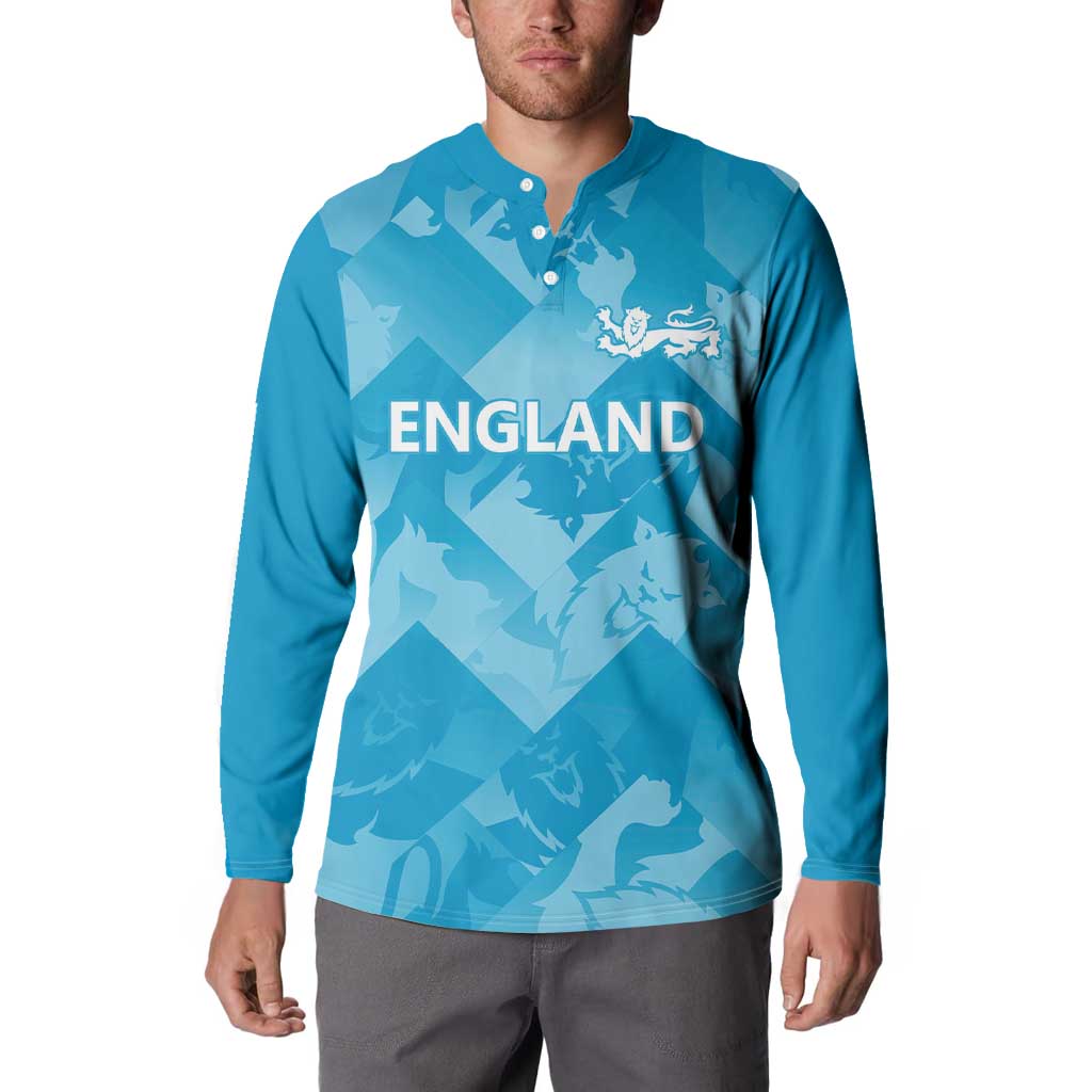 Blue long-sleeve button henley sweatshirt with England front print on model