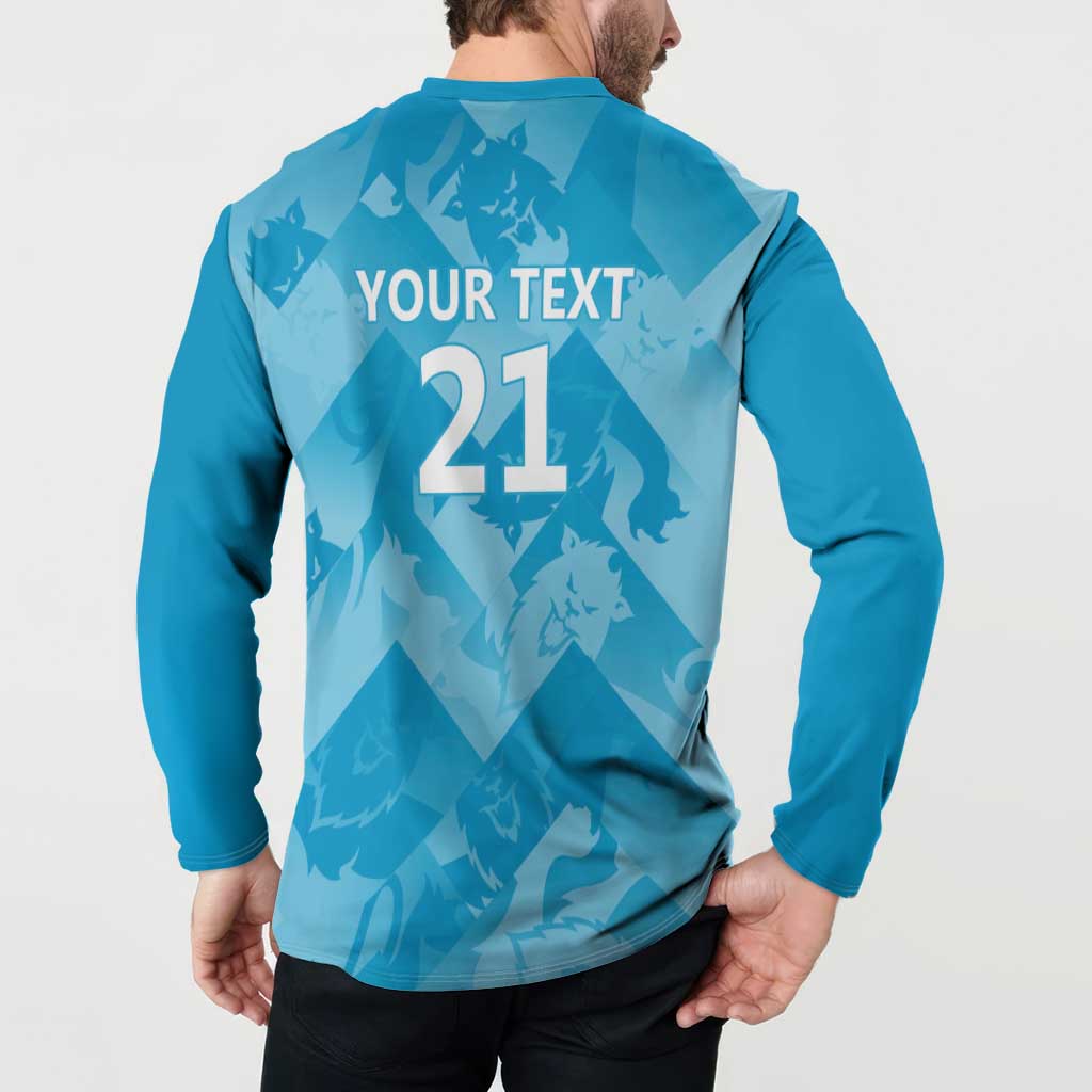 Blue long-sleeve button henley sweatshirt back print: YOUR TEXT 21