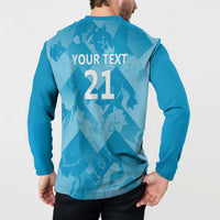Blue long-sleeve button henley sweatshirt back print: YOUR TEXT 21