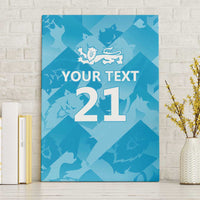 Blue canvas wall art with custom text and large '27' on lion motif background