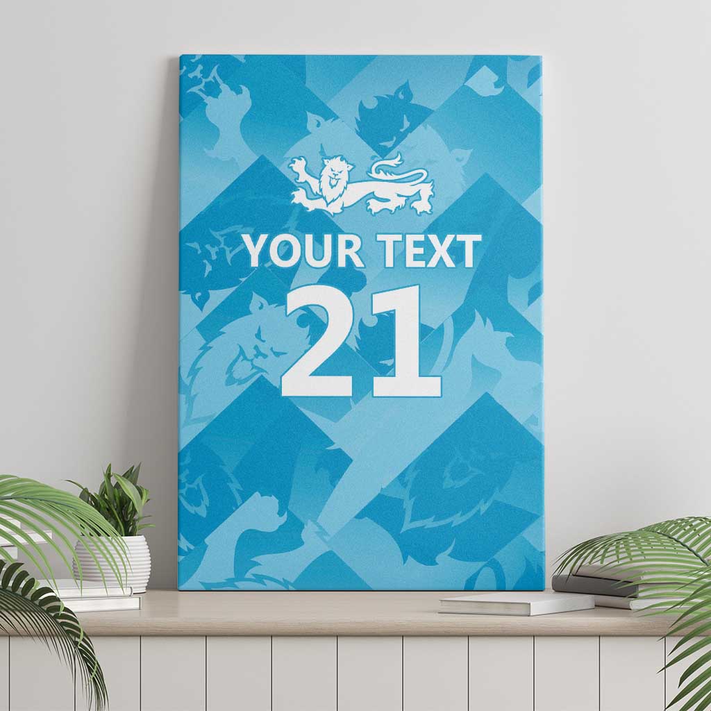 Blue canvas wall art with custom text and large '21' with lion emblem