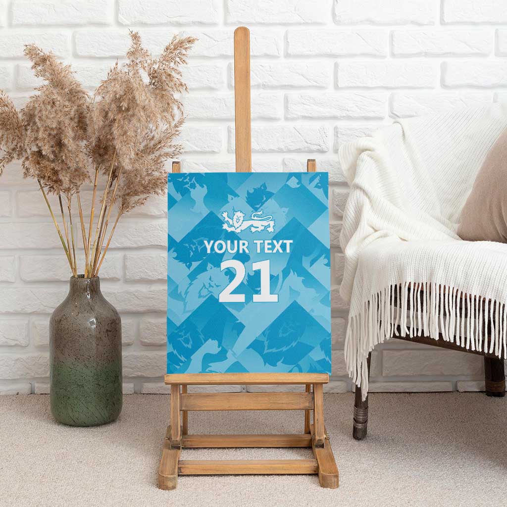 Blue canvas wall art with custom text and '21' displayed on wooden easel