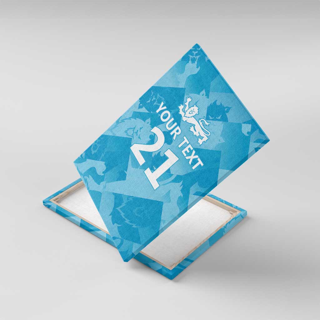 Blue canvas wall art with custom text and '21', shown in angled view