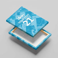 Blue canvas wall art with custom text and '21', shown from above on a base