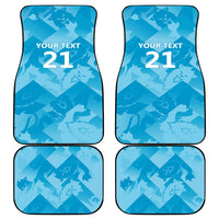 Set of four blue car floor mats with 'YOUR TEXT 21' text on each, black trim