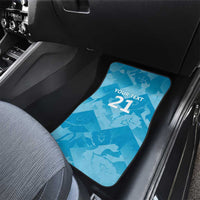Blue rear car floor mat with 'YOUR TEXT 21' graphic and black border