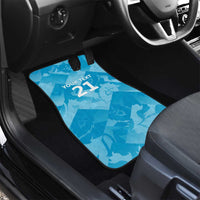 Blue front car floor mat with 'YOUR TEXT 21' graphic, black rubber edge