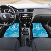 Blue front car floor mats with 'YOUR TEXT 21' text and black trim