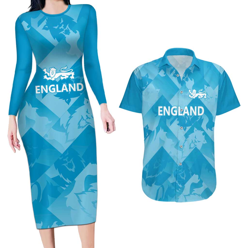 England Cricket Custom Couples Matching Long Sleeve Bodycon Dress and Hawaiian Shirt Three Lions Inspiration LT9 - Wonder Print Shop