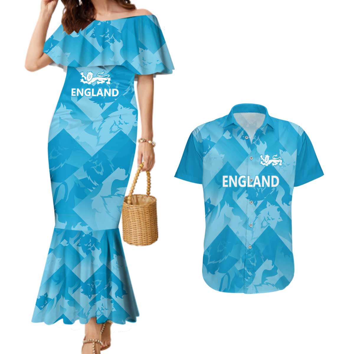 England Cricket Custom Couples Matching Mermaid Dress and Hawaiian Shirt Three Lions Inspiration LT9 - Wonder Print Shop