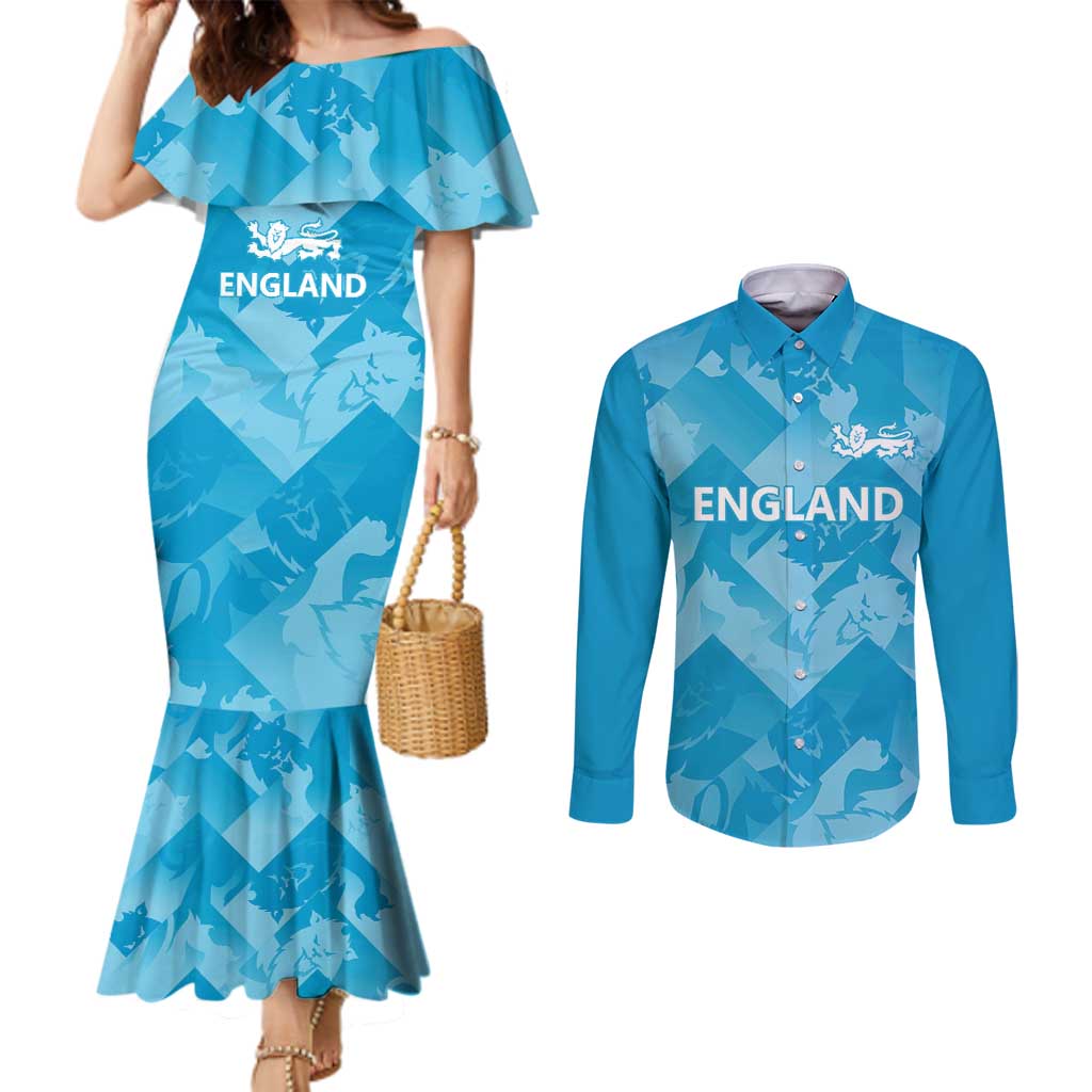 England Cricket Custom Couples Matching Mermaid Dress and Long Sleeve Button Shirt Three Lions Inspiration