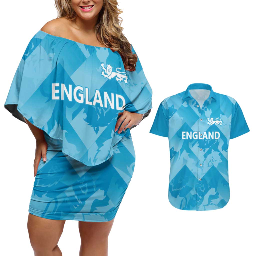 England Cricket Custom Couples Matching Off Shoulder Short Dress and Hawaiian Shirt Three Lions Inspiration LT9 - Wonder Print Shop