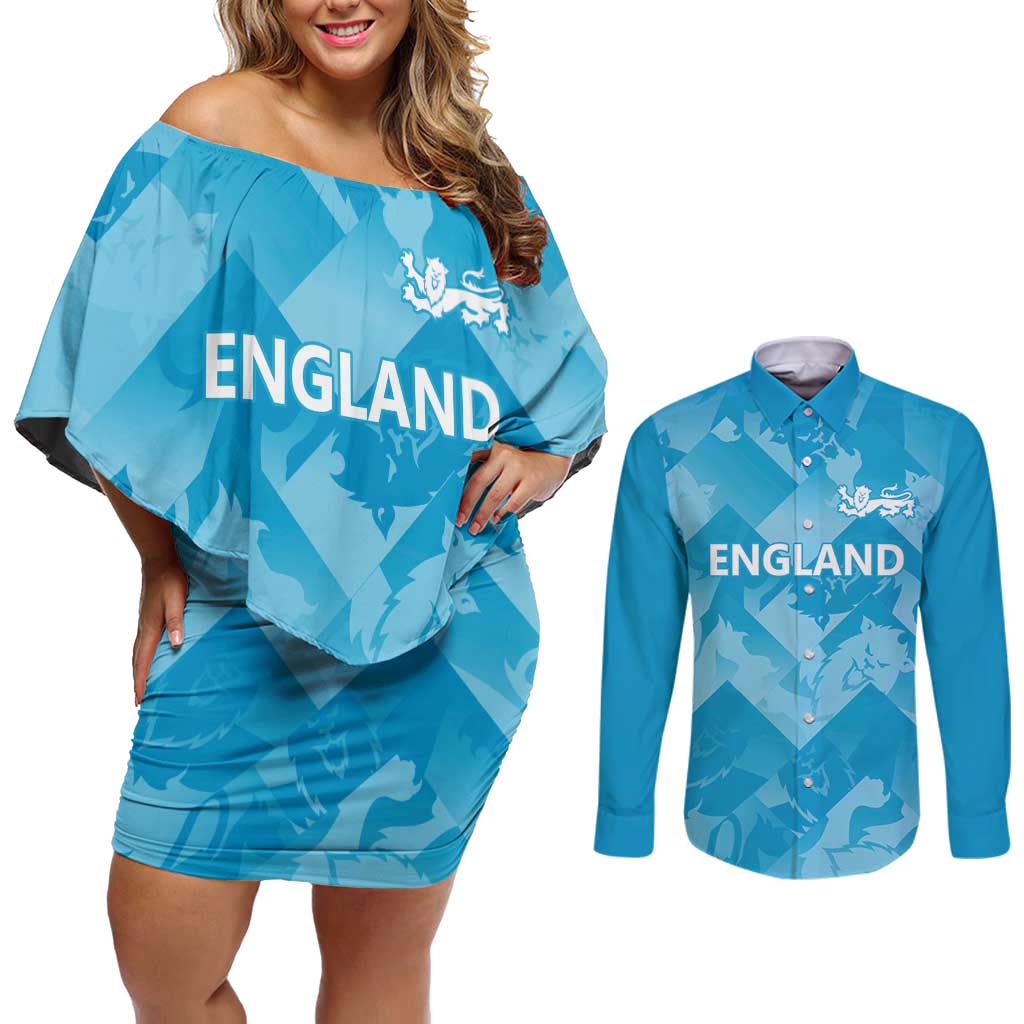 England Cricket Custom Couples Matching Off Shoulder Short Dress and Long Sleeve Button Shirt Three Lions Inspiration LT9 - Wonder Print Shop