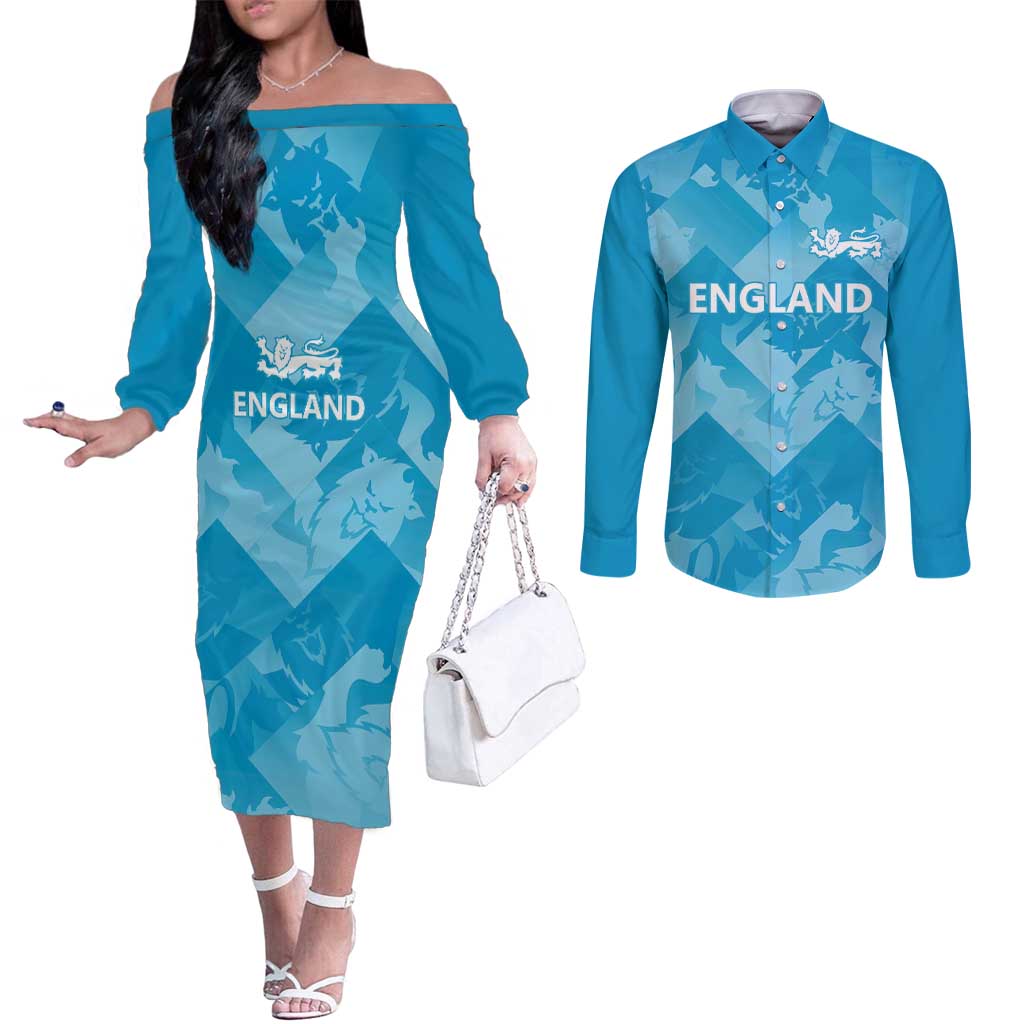 England Cricket Custom Couples Matching Off The Shoulder Long Sleeve Dress and Long Sleeve Button Shirt Three Lions Inspiration