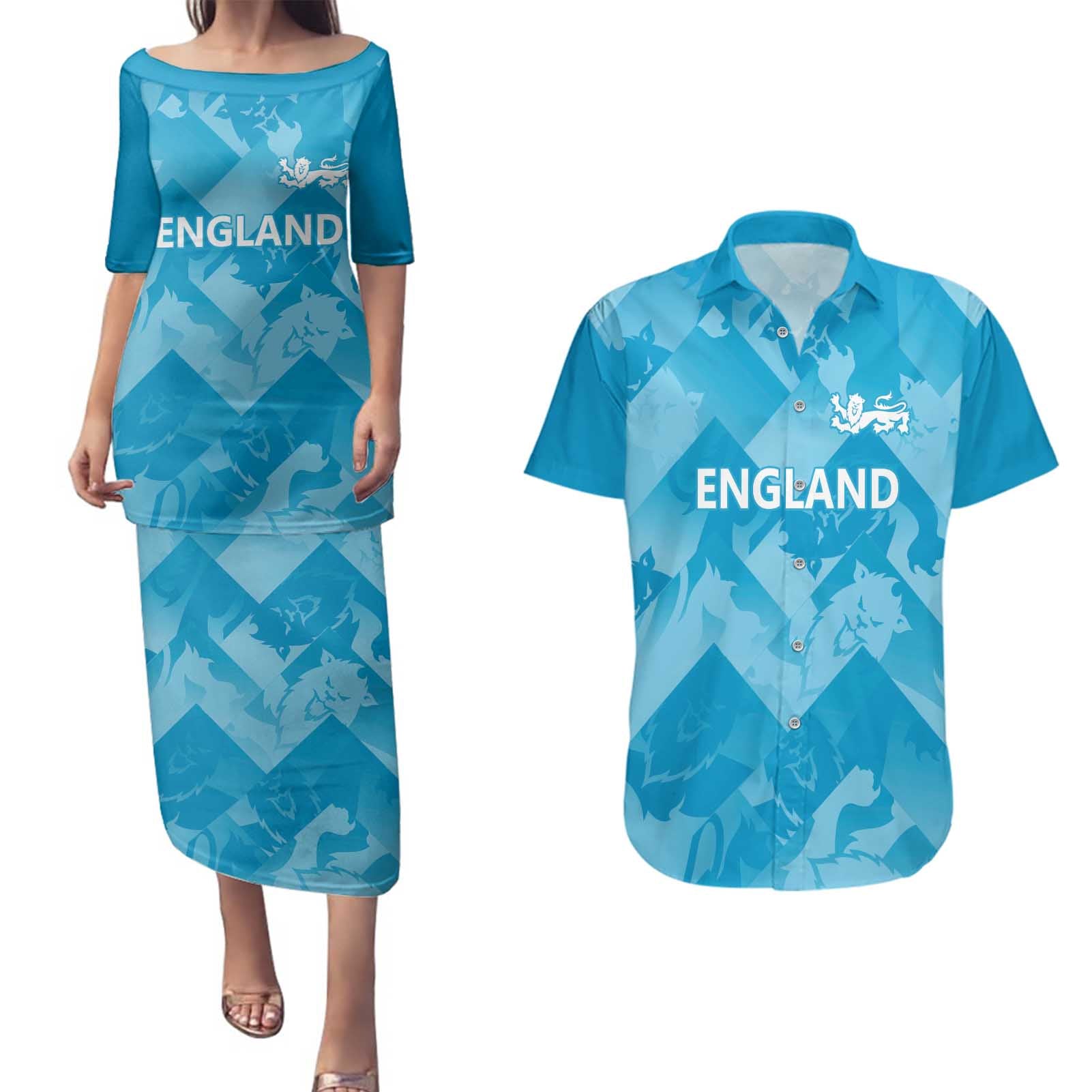 England Cricket Custom Couples Matching Puletasi and Hawaiian Shirt Three Lions Inspiration LT9 - Wonder Print Shop