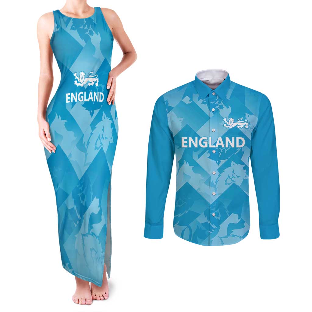 England Cricket Custom Couples Matching Tank Maxi Dress and Long Sleeve Button Shirt Three Lions Inspiration LT9 - Wonder Print Shop