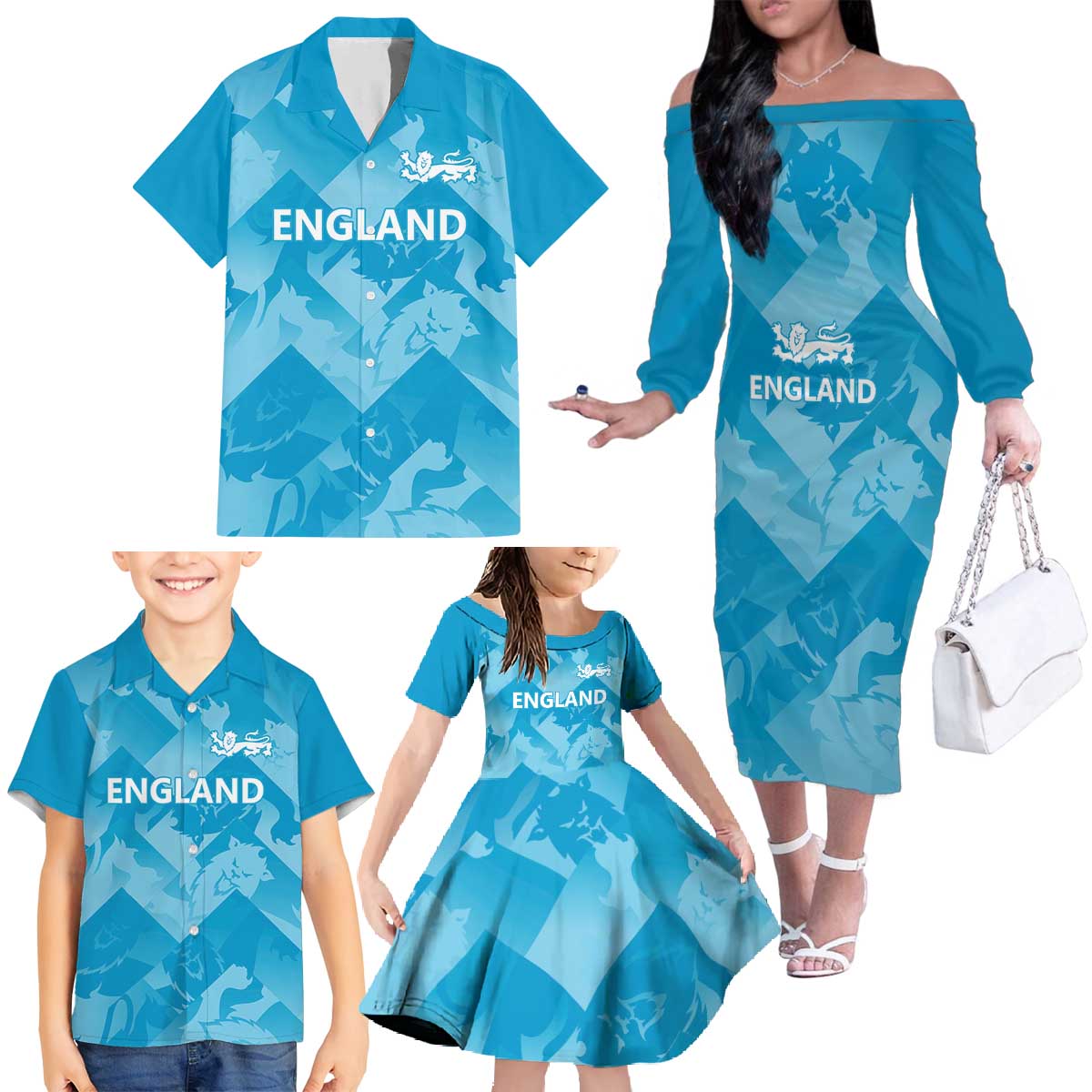 England Cricket Custom Family Matching Off The Shoulder Long Sleeve Dress and Hawaiian Shirt Three Lions Inspiration - Wonder Print Shop