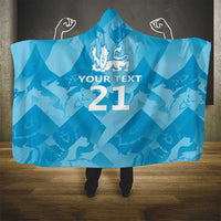 Blue hooded blanket with lion crest and “YOUR TEXT 21” front design
