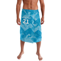 Blue knee-length lavalava-style shorts with elastic waistband and front graphic '21'