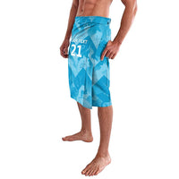 Blue knee-length lavalava-style shorts with front 'YOUR TEXT 21' graphic and side slit