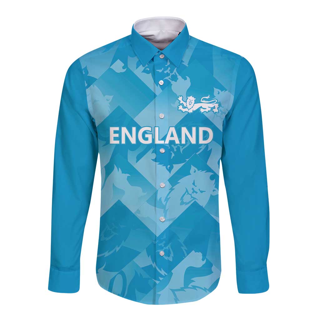 Blue long-sleeve button shirt with England text and lion graphic on front