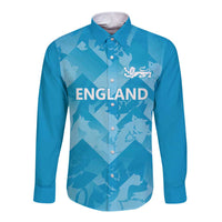 Blue long-sleeve button shirt with England text and lion graphic on front
