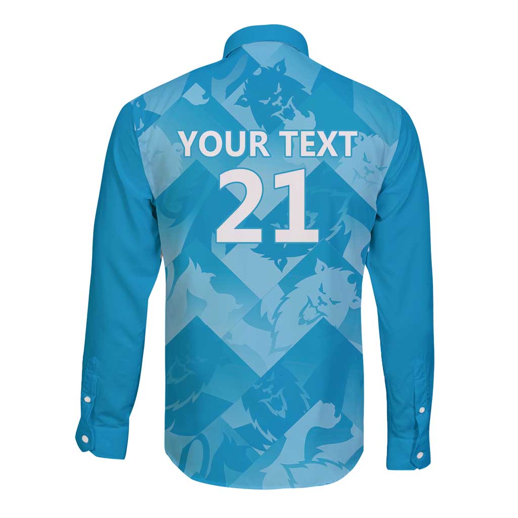 Blue long-sleeve button shirt back with Your Text and number 21, lion pattern