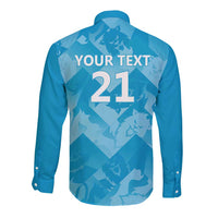 Blue long-sleeve button shirt back with Your Text and number 21, lion pattern