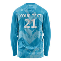 Blue long-sleeve cricket shirt with back text 'YOUR TEXT 21' and lions pattern