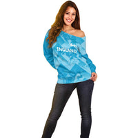 Blue off-shoulder sweater with England logo, long sleeves