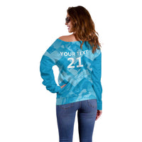 Blue off-shoulder sweater back view with YOUR TEXT 21 graphic