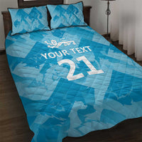 Blue quilt bed set with diamond pattern, lion crest and YOUR TEXT; includes 2 pillowcases.