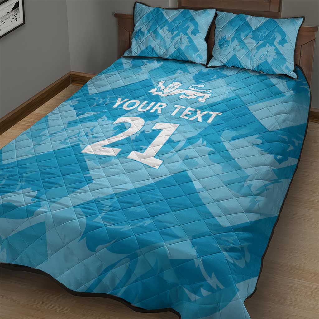 Blue quilt bed set with YOUR TEXT and large lion-number graphic; includes 2 pillowcases.