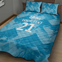 Blue quilt bed set with YOUR TEXT and large lion-number graphic; includes 2 pillowcases.