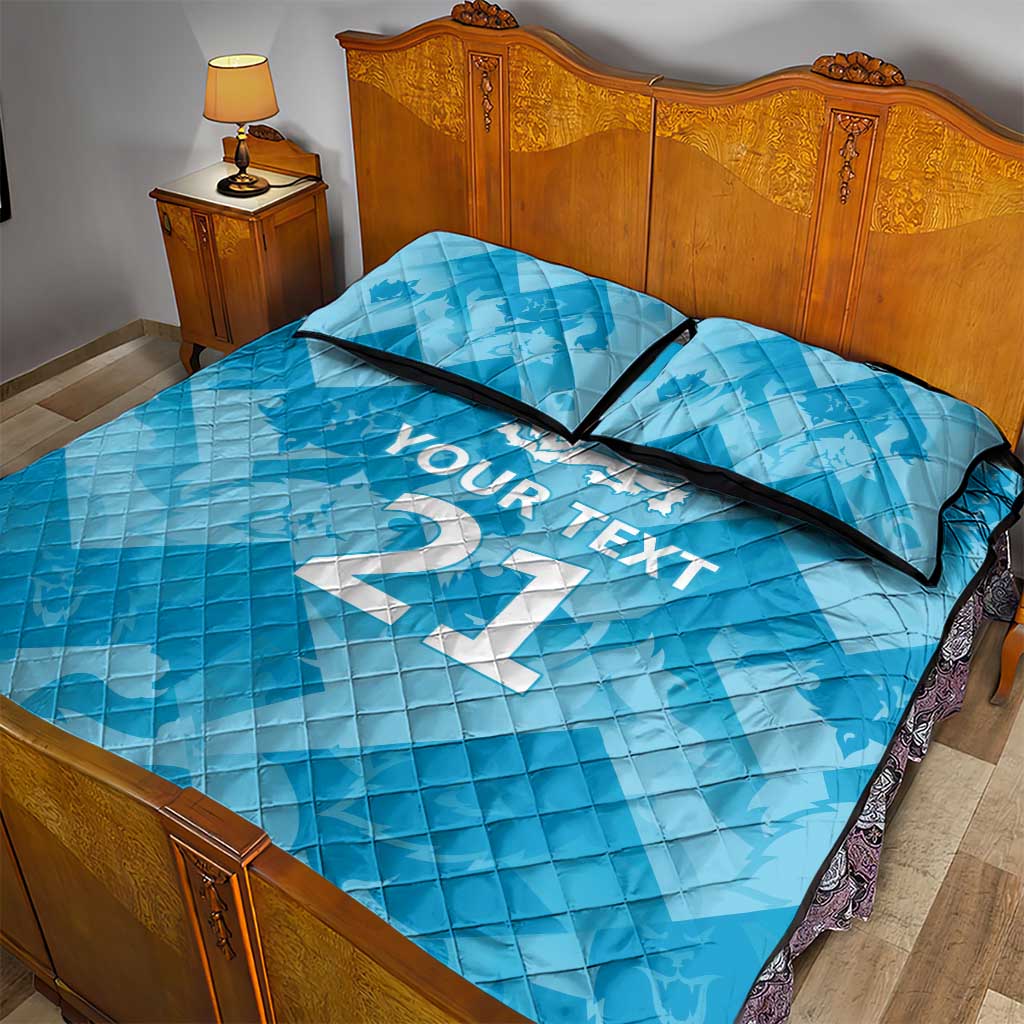 Blue quilt bed set with diamond pattern, YOUR TEXT, lion crest and large number; 2 pillowcases.