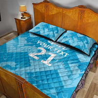 Blue quilt bed set with diamond pattern, YOUR TEXT, lion crest and large number; 2 pillowcases.