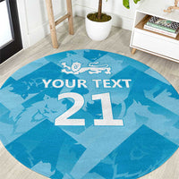 Round blue rug with lion crest, large white '21', and 'YOUR TEXT' banner