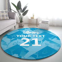 Round blue rug on floor with lion crest, large white '21', and 'YOUR TEXT'