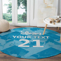 Round blue rug with lion crest and white '21' plus 'YOUR TEXT' lettering
