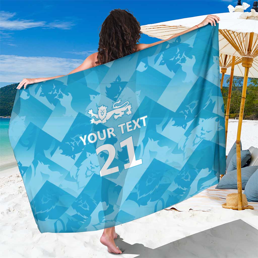 Blue custom cricket sarong with crest and "YOUR TEXT 21" graphic