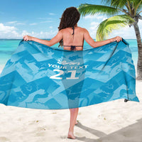 Blue custom cricket sarong with back crest and "YOUR TEXT 21" print
