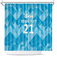 Blue shower curtain with three lions crest and custom text 21, diamond pattern