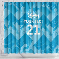 Blue shower curtain with three lions emblem and custom text 21, center panel view