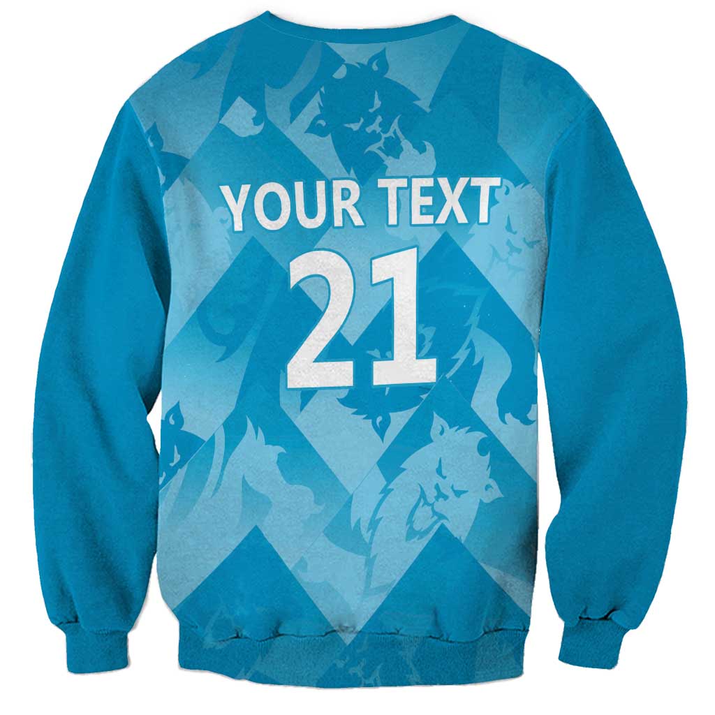 Blue crewneck sweatshirt with long sleeves and customizable text 21 on back