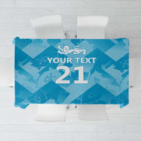 Blue custom tablecloth with lions motif and number design, text "YOUR TEXT 21"
