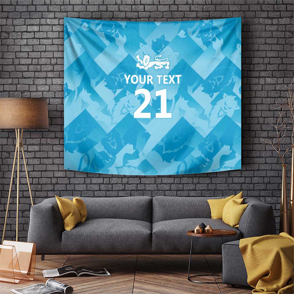 Blue hanging tapestry with lion crest and 'YOUR TEXT 21' design